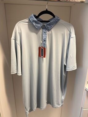 Men's Light Blue Polo with Patterned Collar — Performance Short Sleeve